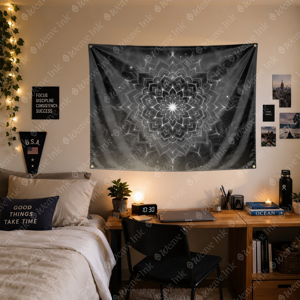 Mystic Monochrome Mandala Wall Tapestry Celestial Cosmic Lotus Art for Boho Bedroom, Meditation, Yoga & Modern Room Decor
