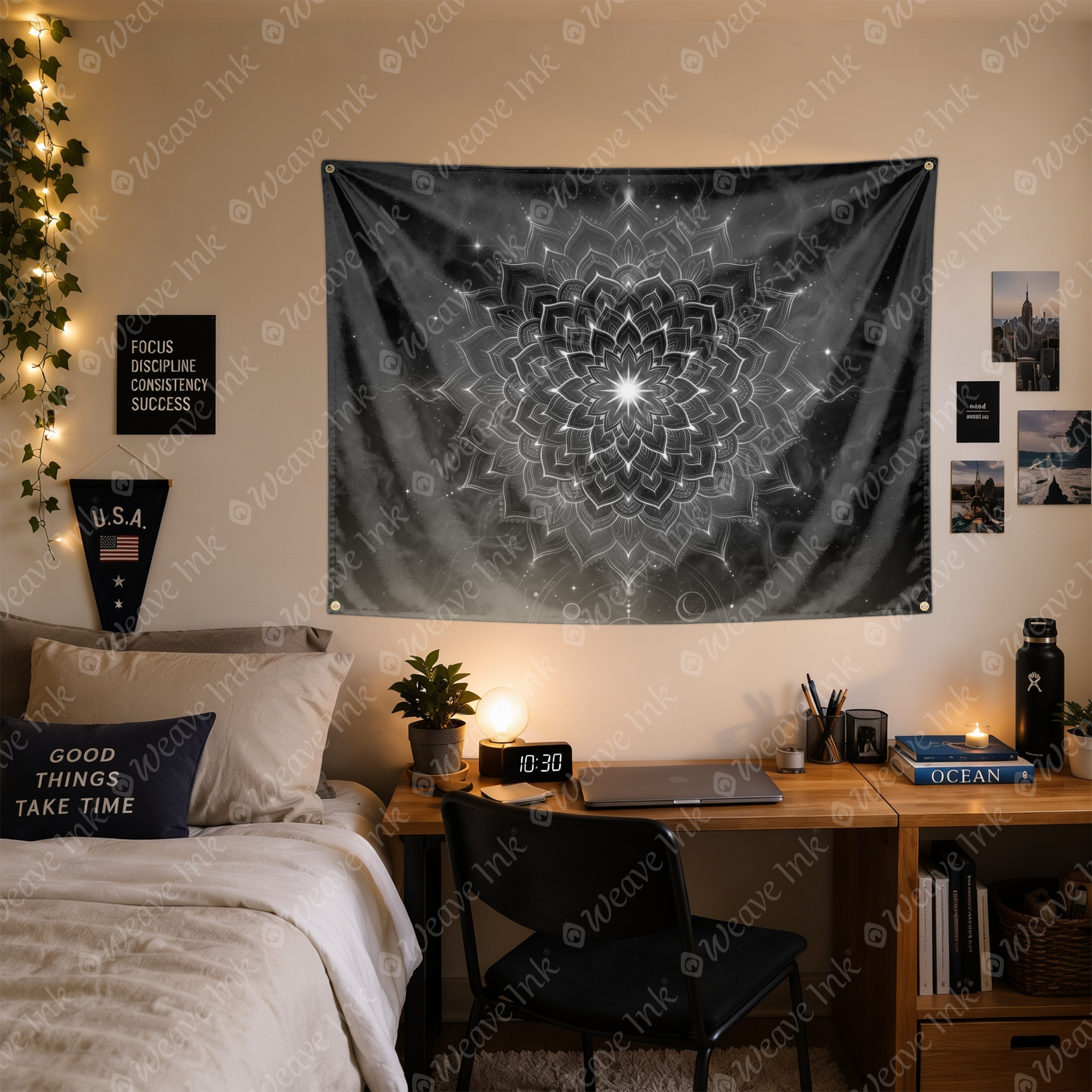 Mystic Monochrome Mandala Wall Tapestry Celestial Cosmic Lotus Art for Boho Bedroom, Meditation, Yoga & Modern Room Decor