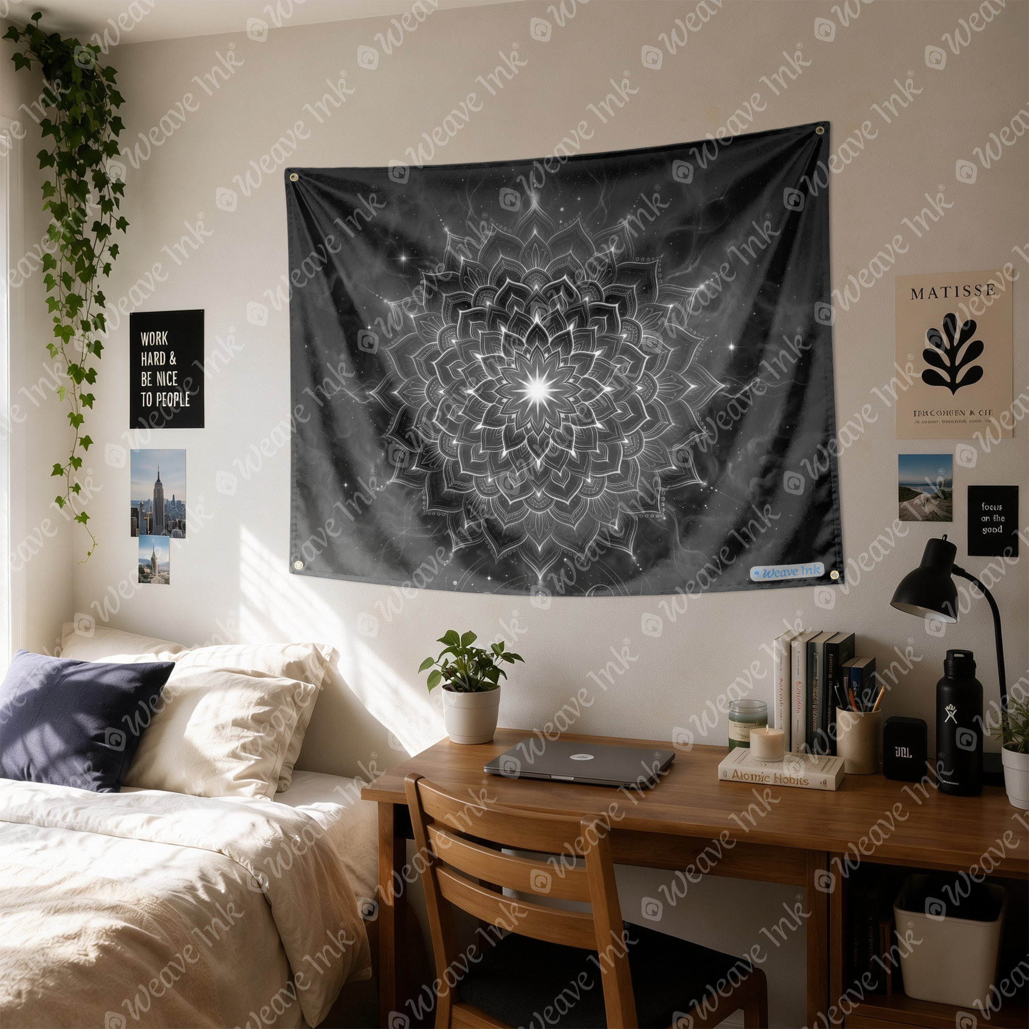 Mystic Monochrome Mandala Wall Tapestry Celestial Cosmic Lotus Art for Boho Bedroom, Meditation, Yoga & Modern Room Decor
