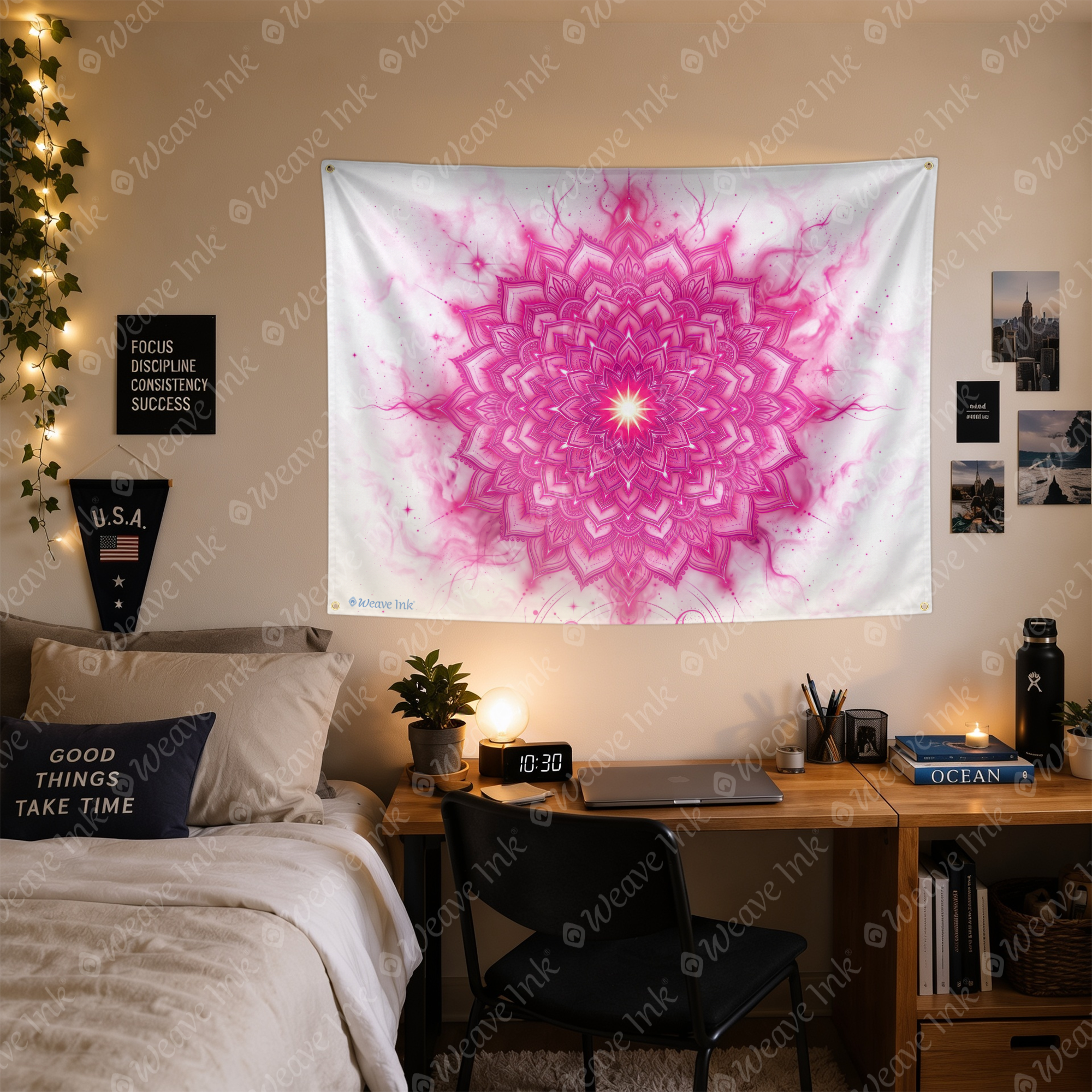 Vibrant Pink Lotus Mandala Wall Tapestry Sacred Geometry Celestial Spiritual Energy Meditation Room Decor Wall Hanging