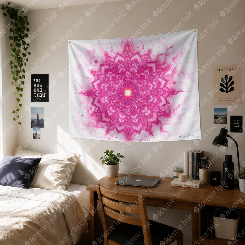 Vibrant Pink Lotus Mandala Wall Tapestry Sacred Geometry Celestial Spiritual Energy Meditation Room Decor Wall Hanging
