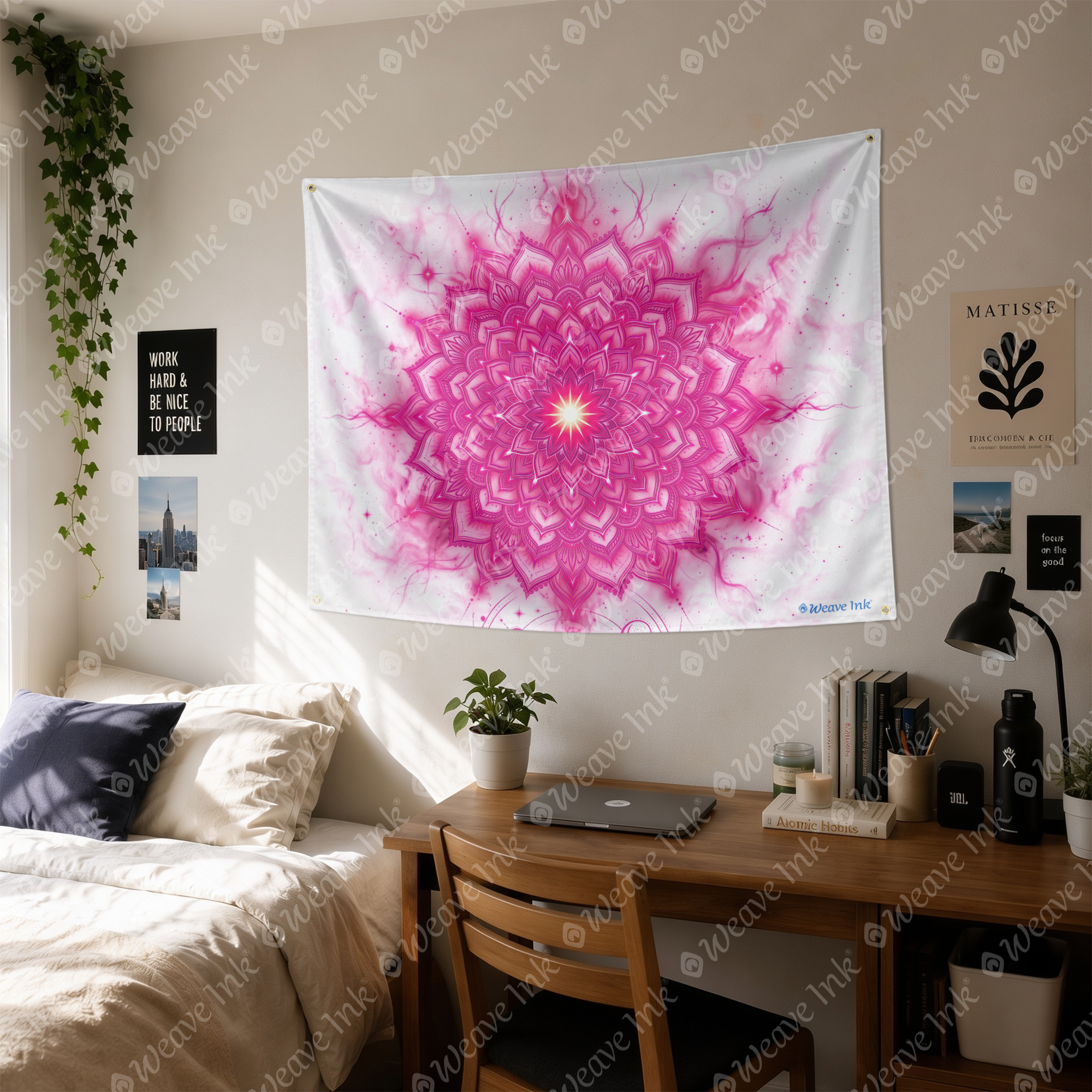 Vibrant Pink Lotus Mandala Wall Tapestry Sacred Geometry Celestial Spiritual Energy Meditation Room Decor Wall Hanging