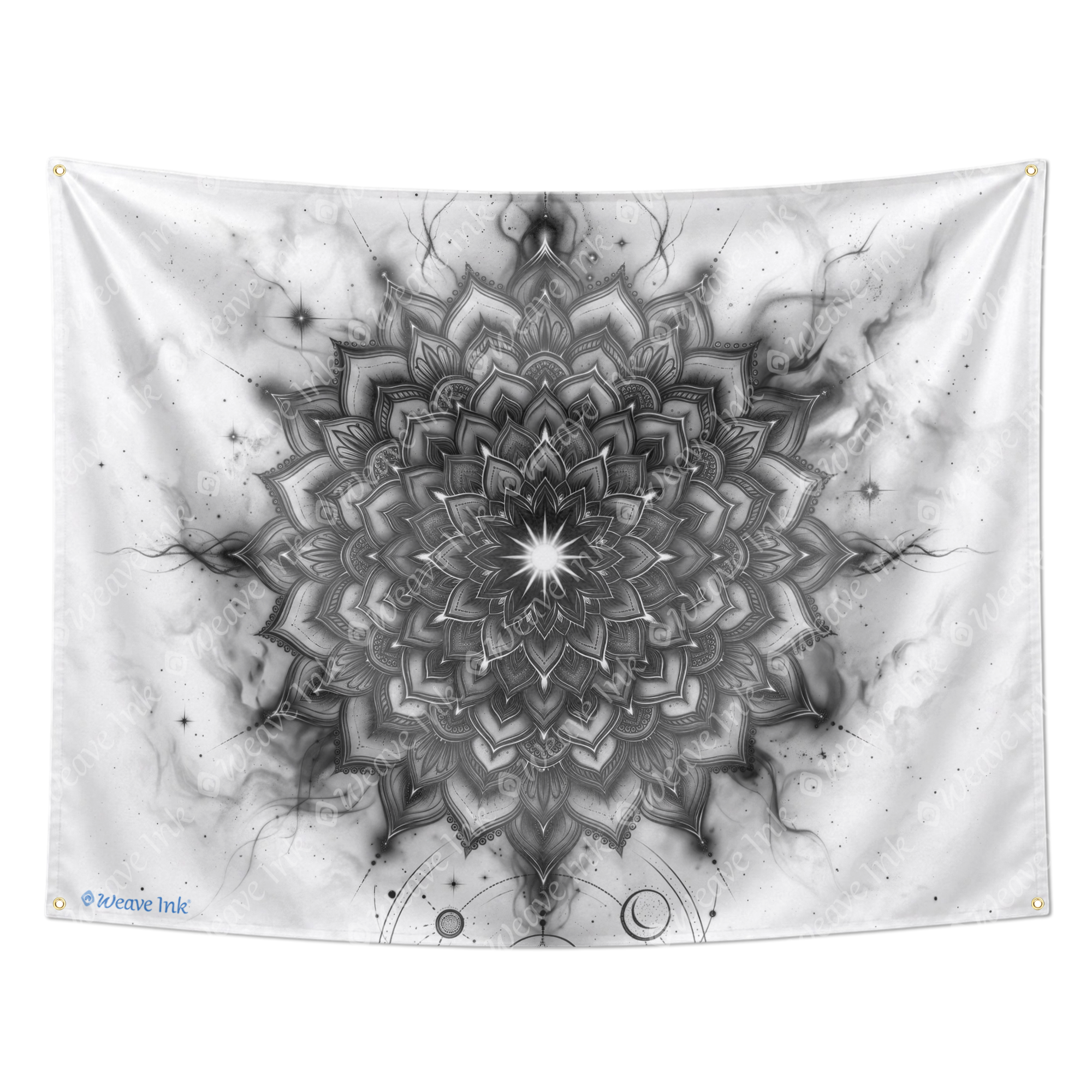 Black and White Lotus Mandala Tapestry Sacred Geometry Wall Hanging, Celestial Cosmic Meditation Room Decor, Dark Boho Wall Art
