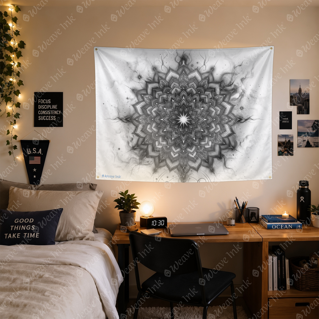 Black and White Lotus Mandala Tapestry Sacred Geometry Wall Hanging, Celestial Cosmic Meditation Room Decor, Dark Boho Wall Art