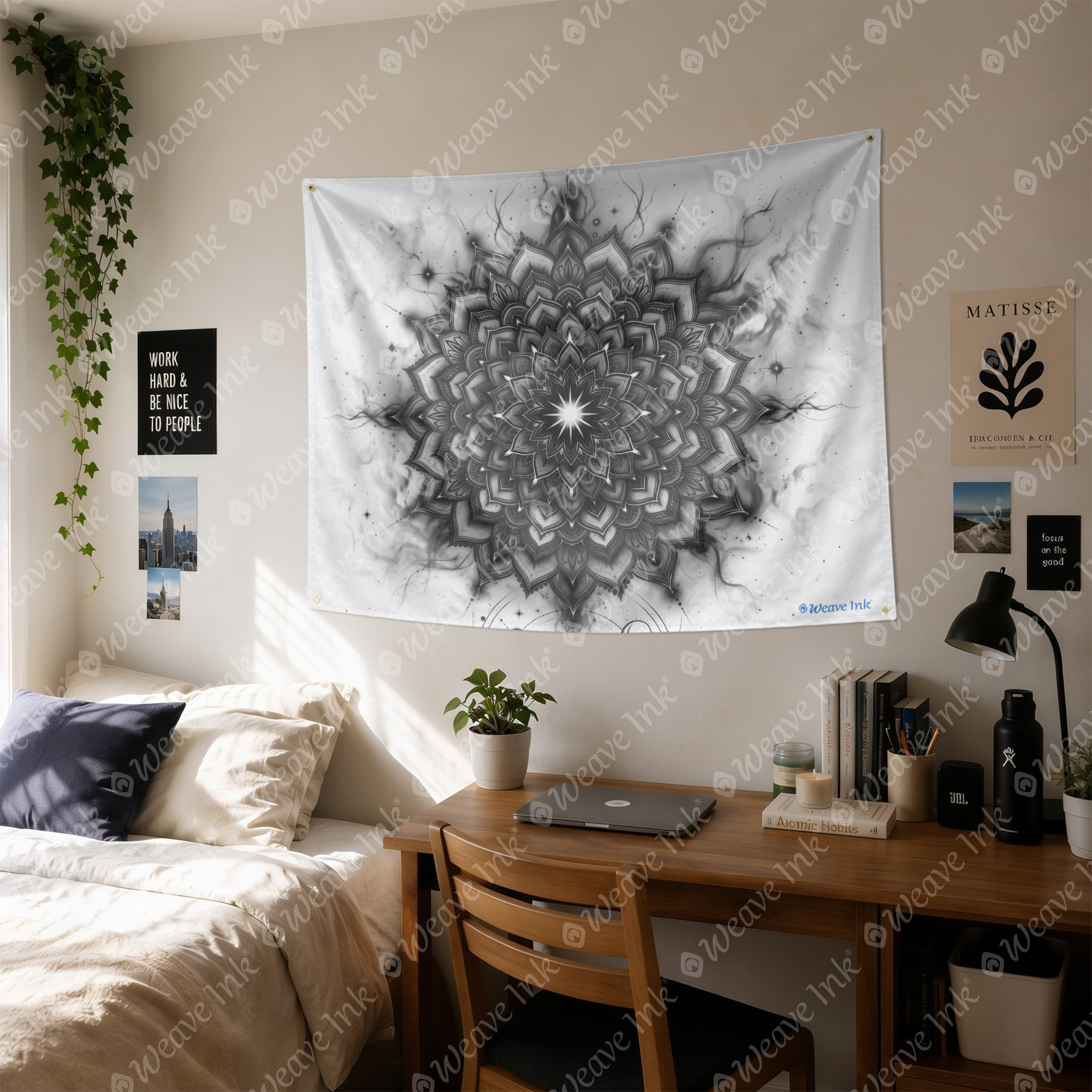 Black and White Lotus Mandala Tapestry Sacred Geometry Wall Hanging, Celestial Cosmic Meditation Room Decor, Dark Boho Wall Art