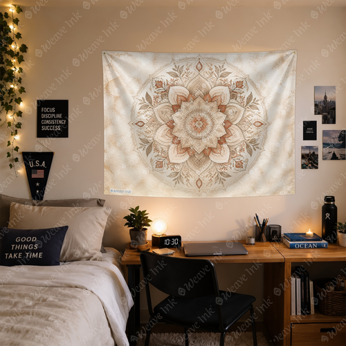 Boho Mandala Tapestry Wall Hanging – Intricate Neutral Lotus Floral Mandala Wall Decor for Bedroom, Living Room & Dorm Room Style 1