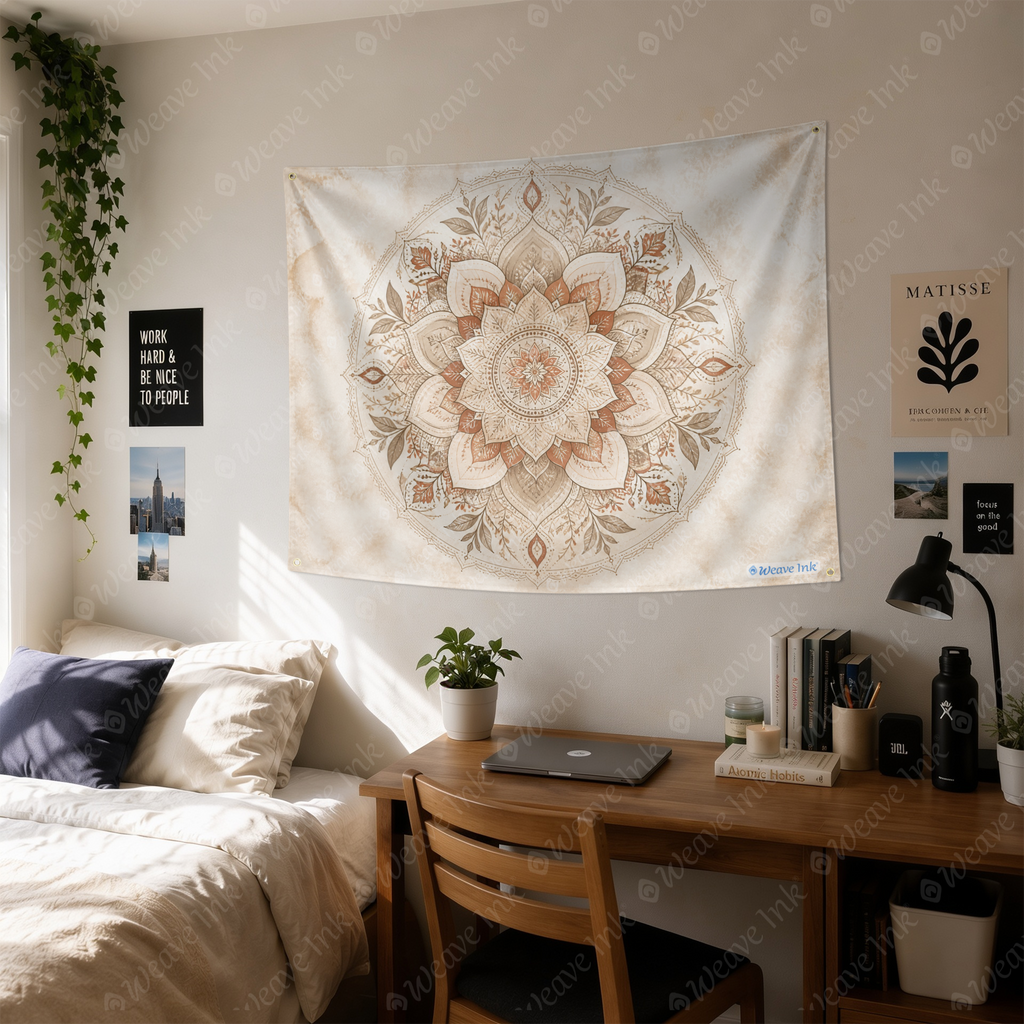 Boho Mandala Tapestry Wall Hanging – Intricate Neutral Lotus Floral Mandala Wall Decor for Bedroom, Living Room & Dorm Room Style 1