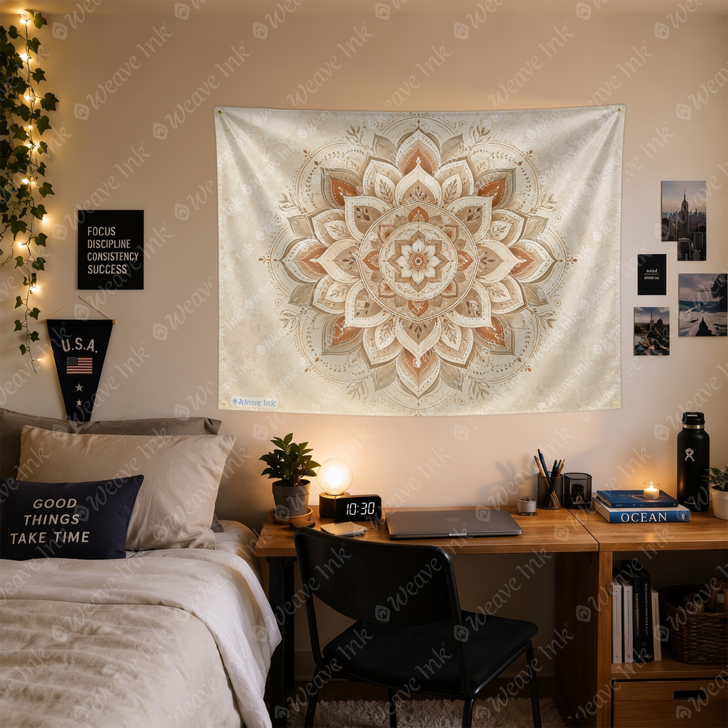 Boho Mandala Tapestry Wall Hanging – Intricate Neutral Lotus Floral Mandala Wall Decor for Bedroom, Living Room & Dorm Room Style 2