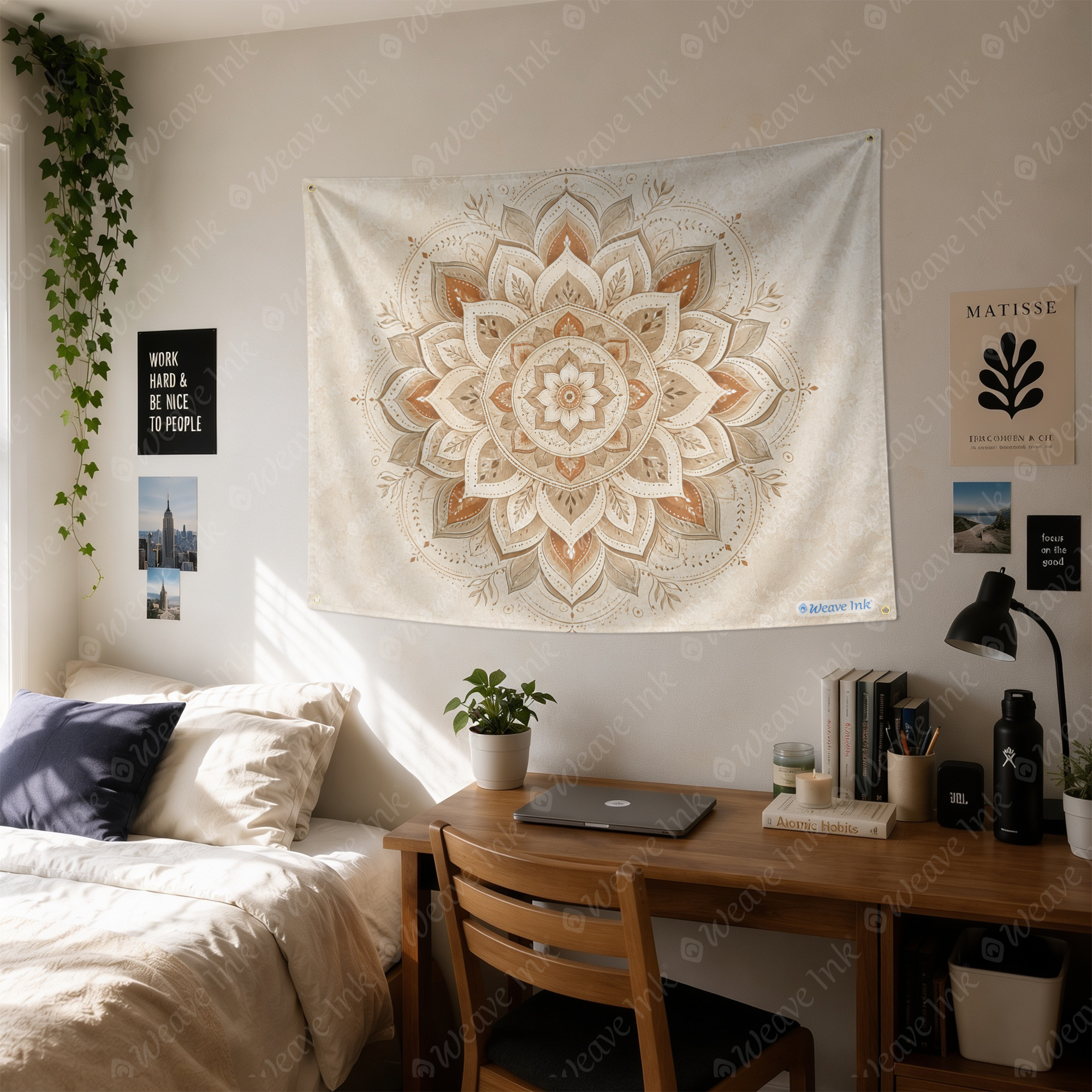 Boho Mandala Tapestry Wall Hanging – Intricate Neutral Lotus Floral Mandala Wall Decor for Bedroom, Living Room & Dorm Room Style 2